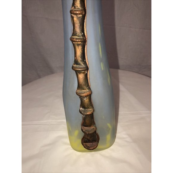 Handmade Blown Vase Engraved With Metal Blue Yellow Art Nouveau Style - Picture 6 of 9